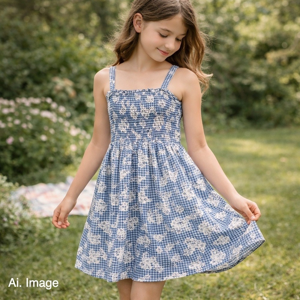 American Eagle Blue Gingham Floral‎ Smocked Mini Dress Small Cotton Linen Blend